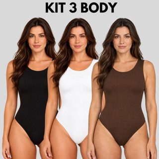 Kit 3 Body Feminino Básico Suplex Regata Liso Decote Redondo Moda Feminina Casual