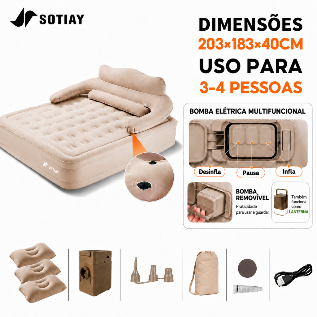 Sotiay Colchão Inflável Queen com Encosto Removível e Bomba Elétrica Embutida, Cama Sofá para Casa e Acampamento
