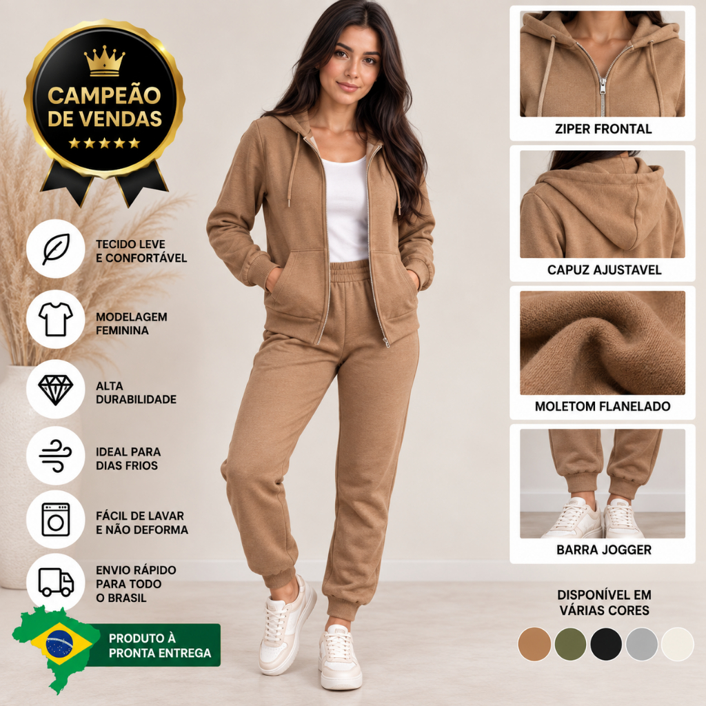 Conjunto Moletom Feminino Premium Blusa com Zíper e Calça Jogger Casual Inverno P M G