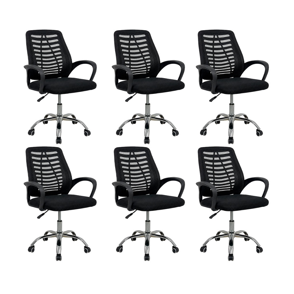 Kit 6 Cadeiras de Escritório Esteirinha Mesh Ergonômica Giratória Regulagem de Altura Tela Mesh Suporta até 120kg Preto