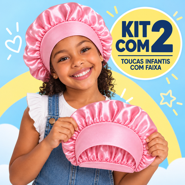 Kit 2 Toucas de Cetim Infantil com Faixa para Dormir Antifrizz Cabelo Cacheado Crespo e Liso Menina