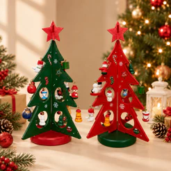 Kit Enfeite de Madeira - Árvore de Natal - Vermelha | Verde - 18x13,5cm - 1 unidade - Decoração Natalina | Para Mesa