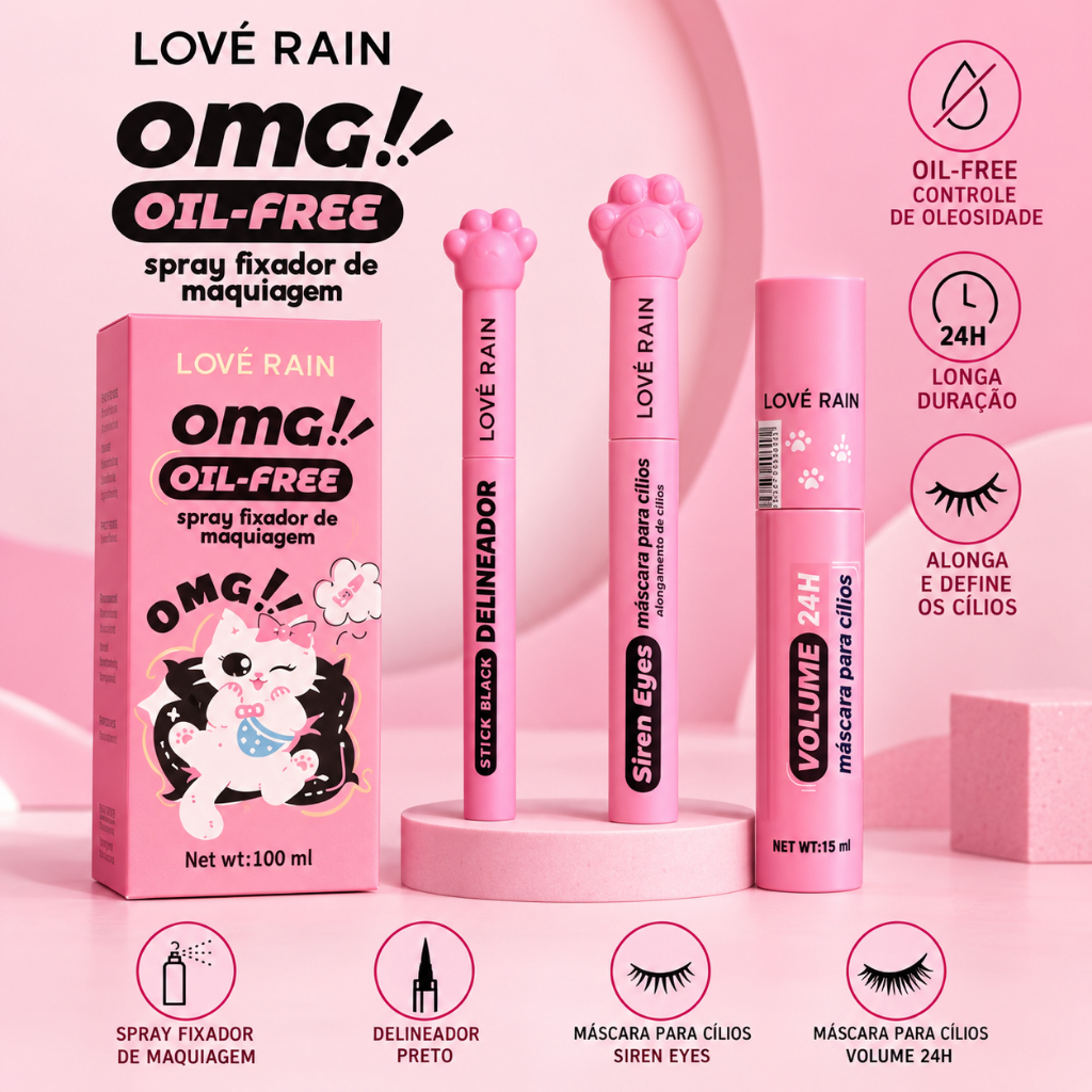 Kit Maquiagem Completo Feminino 4 Itens- Máscara de Cílios Rímel-Caneta Delineador Spray Fixador