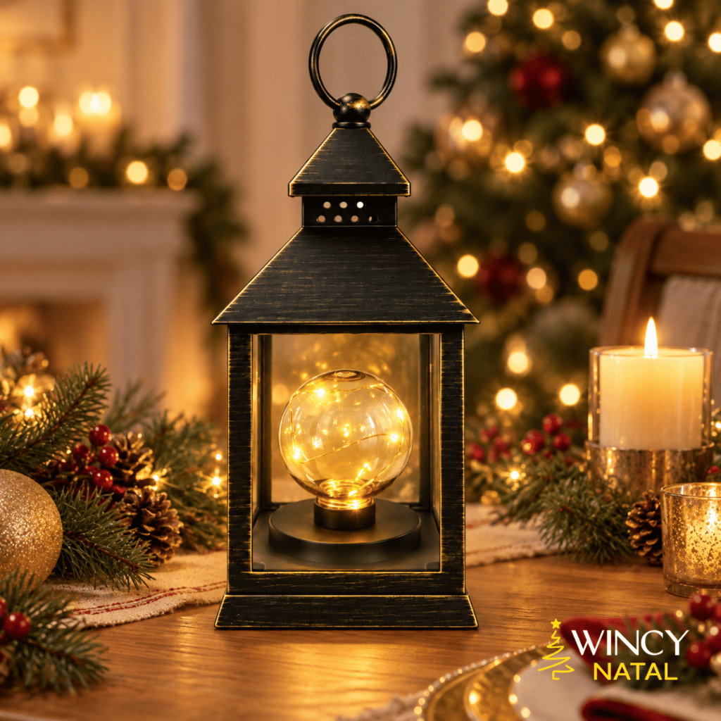 Lampião Globo Natalino com LEDs 3 Pilhas AAA - Wincy Natal / Enfeite Iluminado Decoração Natal Mesa Ceia