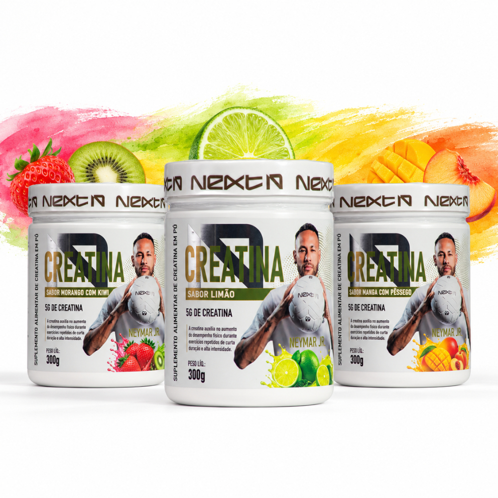 KIT 3 CREATINAS NEXT10 300G CADA | LIMÃO + MANGA COM PÊSSEGO + MORANGO COM KIWI