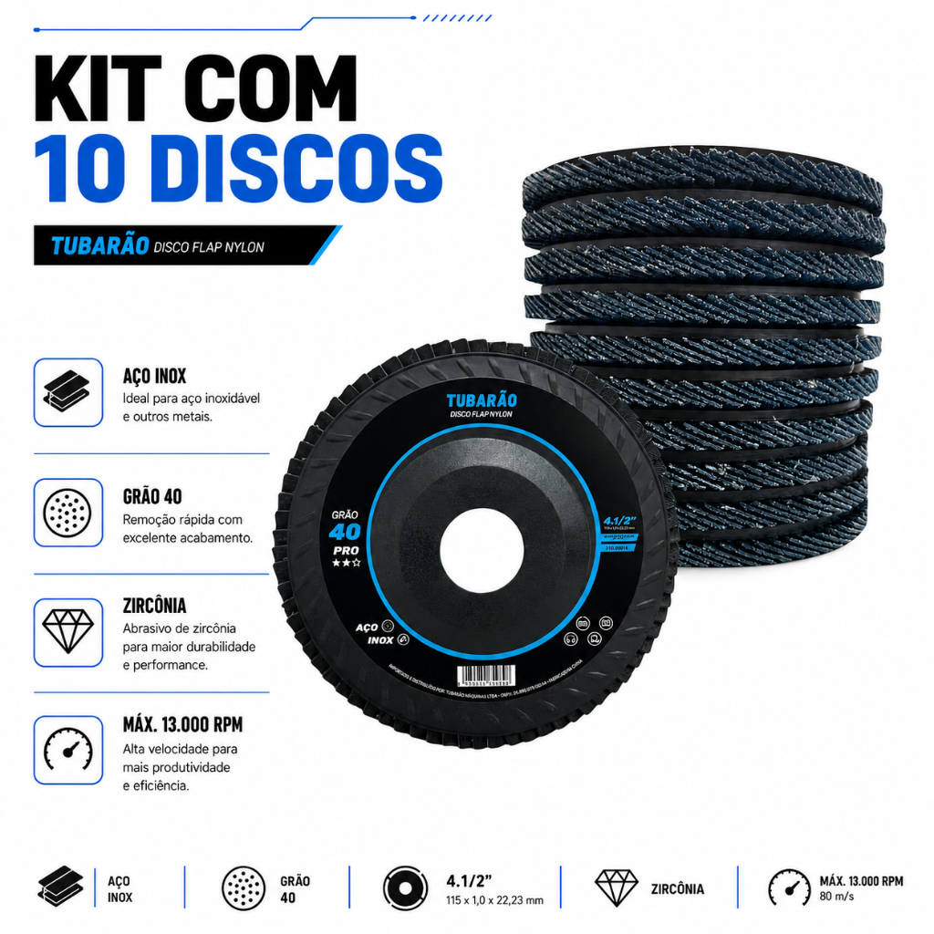 Disco Flap 4.1/2 Zirconio Grão 40 G40 Kit 10 Peças Tubarão