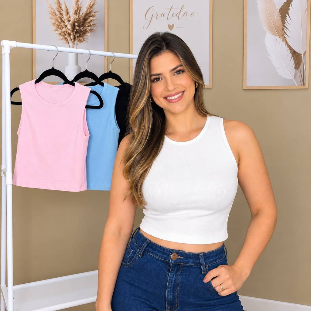 Cropped Feminino Ribana Canelada Blusa Regata Top Malha Algodão Básica Casual Elastano