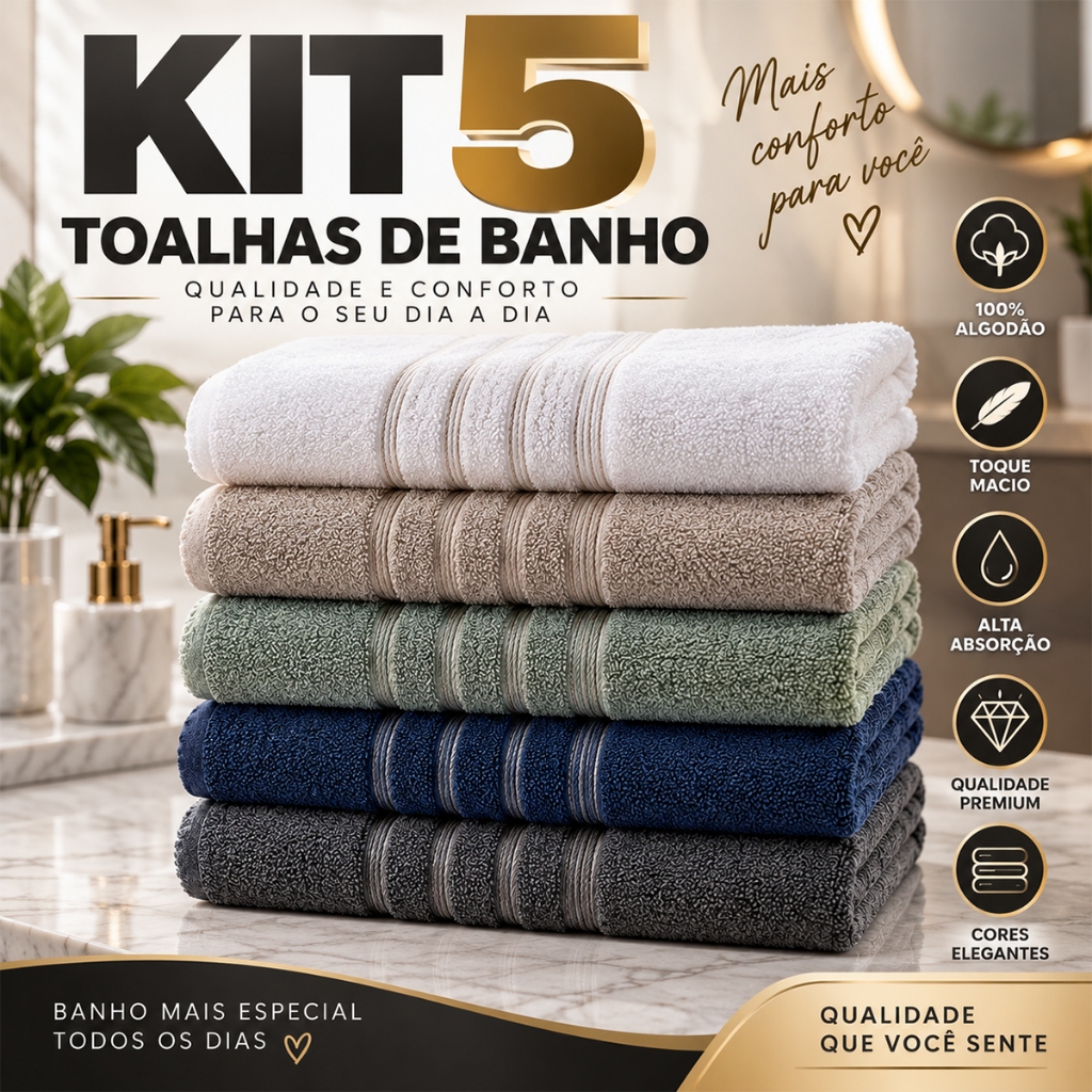 Kit 5 Toalha De Banho Royal Gold 70x130 Grande e Grossa 100% Algodão Premium Excelente Absorção