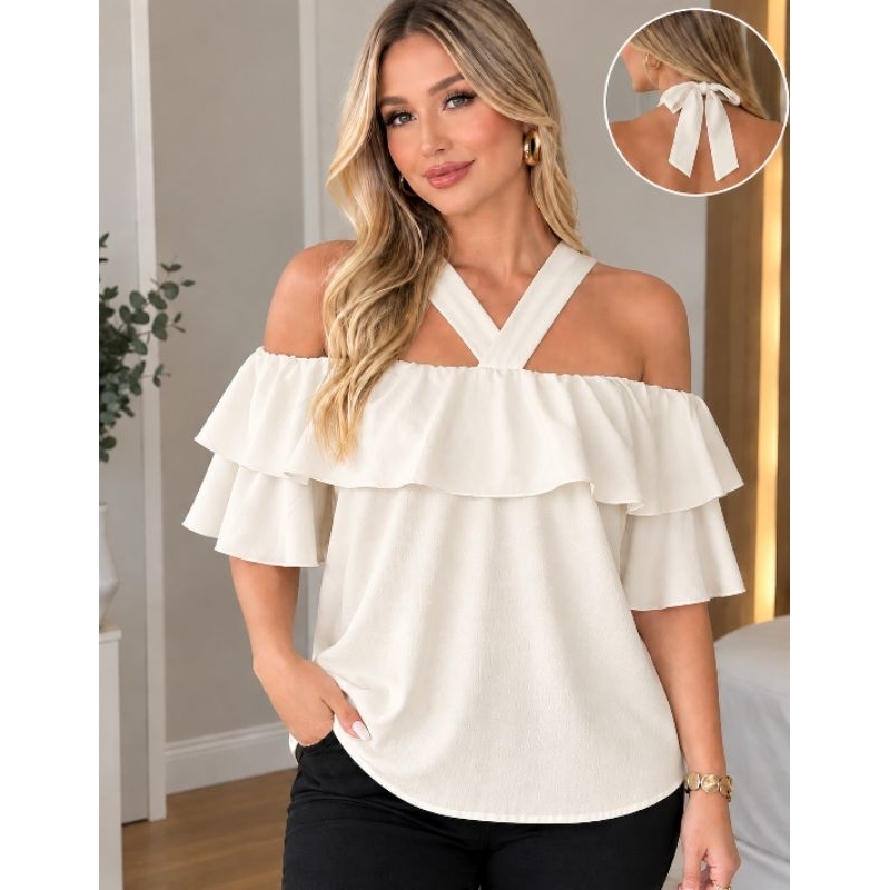 Blusa Feminina Ciganinha Branca com Babado e Argola no Decote Manga Curta Elegante