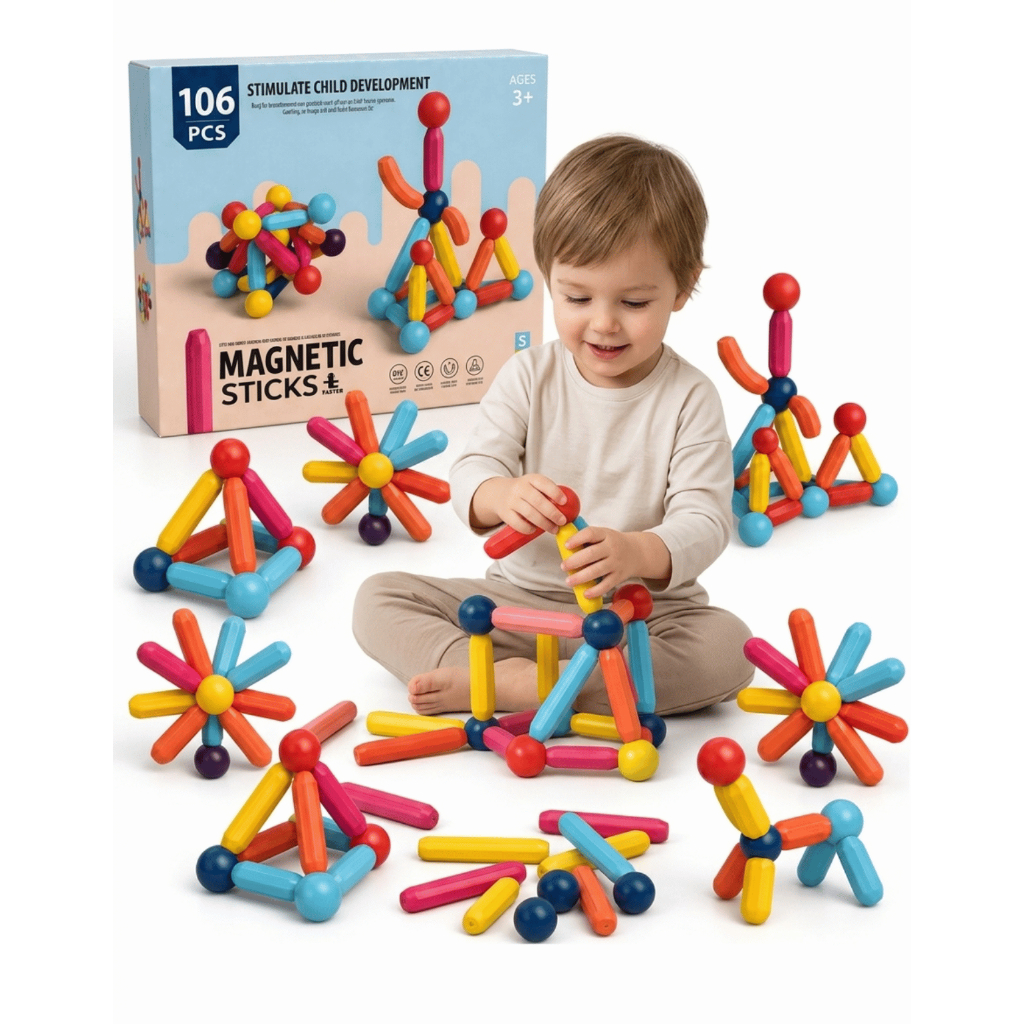 Kit Blocos Magnéticos 106 Peças De Montar E Construção Brinquedo Infantil Educativo Montessori 3D