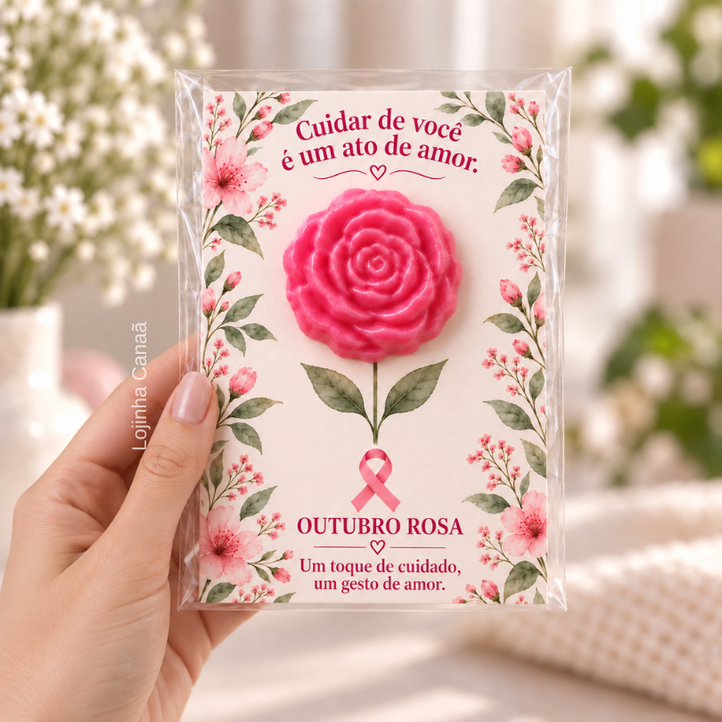 Lembrancinha Outubro Rosa com Sabonete Flor | Card Motivacional para Empresas e Eventos