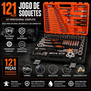 Kit Ferramentas 121 Peças Chave Catraca Soquete Bits Aço CR-V Maleta Portátil Reparo Auto Moto Oficina Envio Brasil