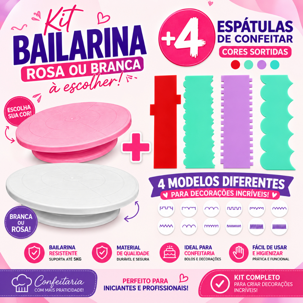 Kit Bailarina Giratória 30cm + 4 Espátulas Sortidas 12 Desenhos Para Confeitaria e Bolos e Doces Kit