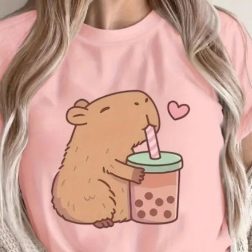 Camiseta Feminina Camisa Fofa Capivara Milkshake 100% Algodão T-Shirt Estilosa Confortável