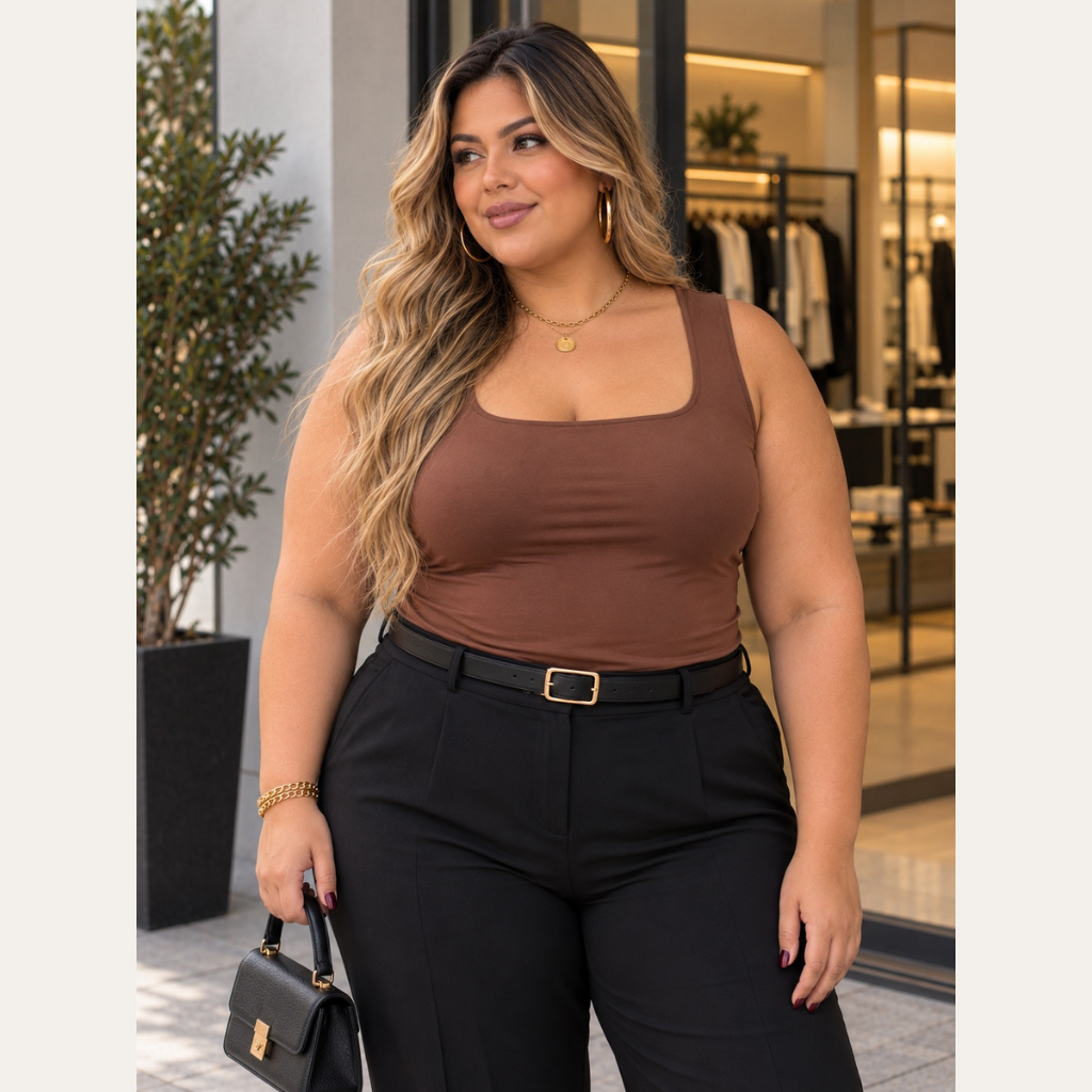 Regata Feminina Plus Size Academia Decote Quadrado Confortável em Suplex Alça Larga Estilosa Casual
