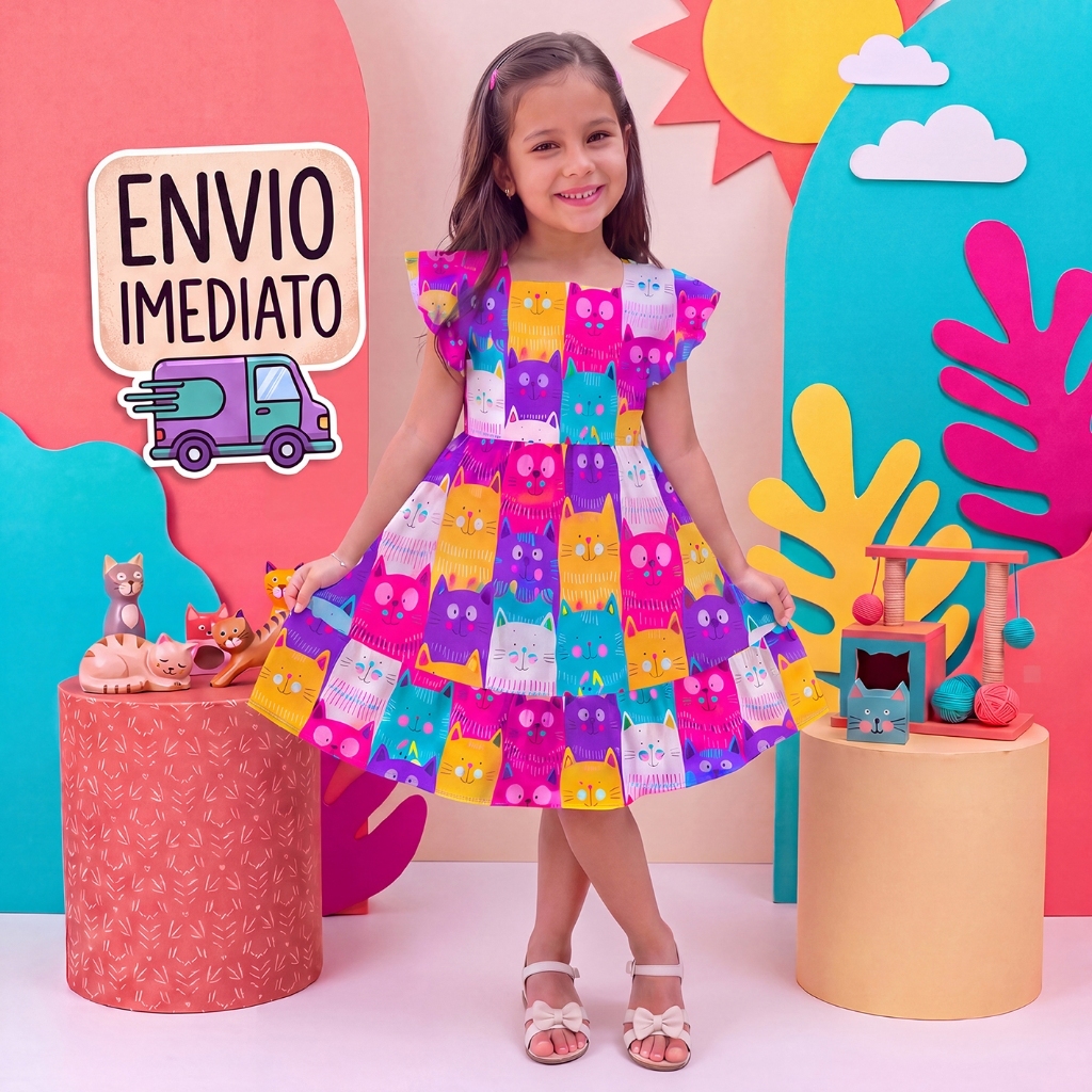 Vestido Estampado Gatinho Infantil Menina Blogueirinha Feminina Elegante Fofa