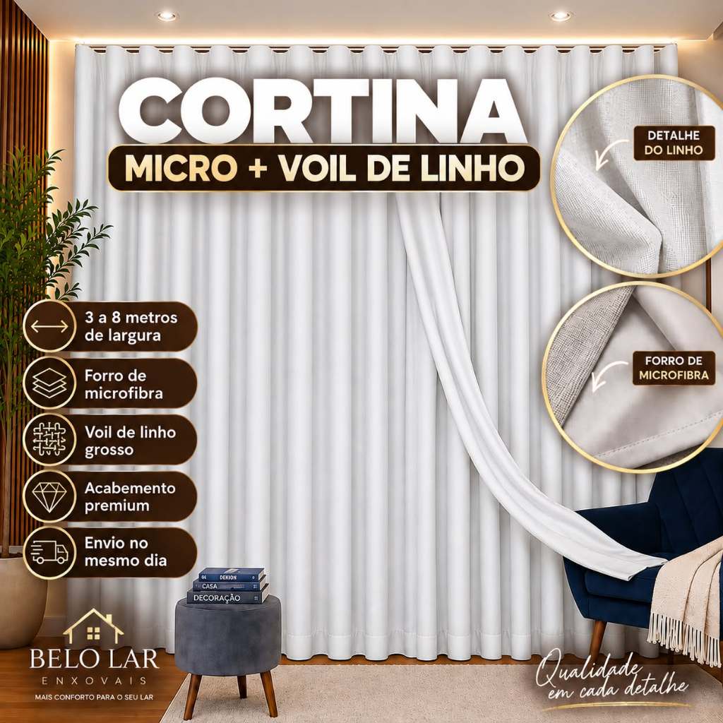 Cortina TRILHO SUIÇO 3M, 4M, 5M, 6M Cortina Voil Gaze Linho Forro Tecido Grosso