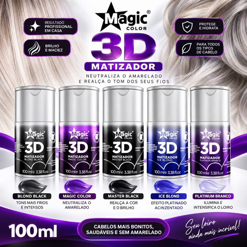 Matizador Magic Color 3D 100ml Profissional – Neutraliza Amarelado, Realça a Cor e Dá Brilho aos Cabelos