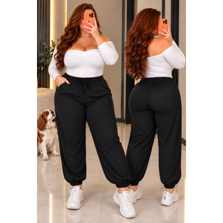 Calça Jogger Plus Size Wide Leg Cintura Alta Com Bolsos Calça Skinny Feminina Plus Size