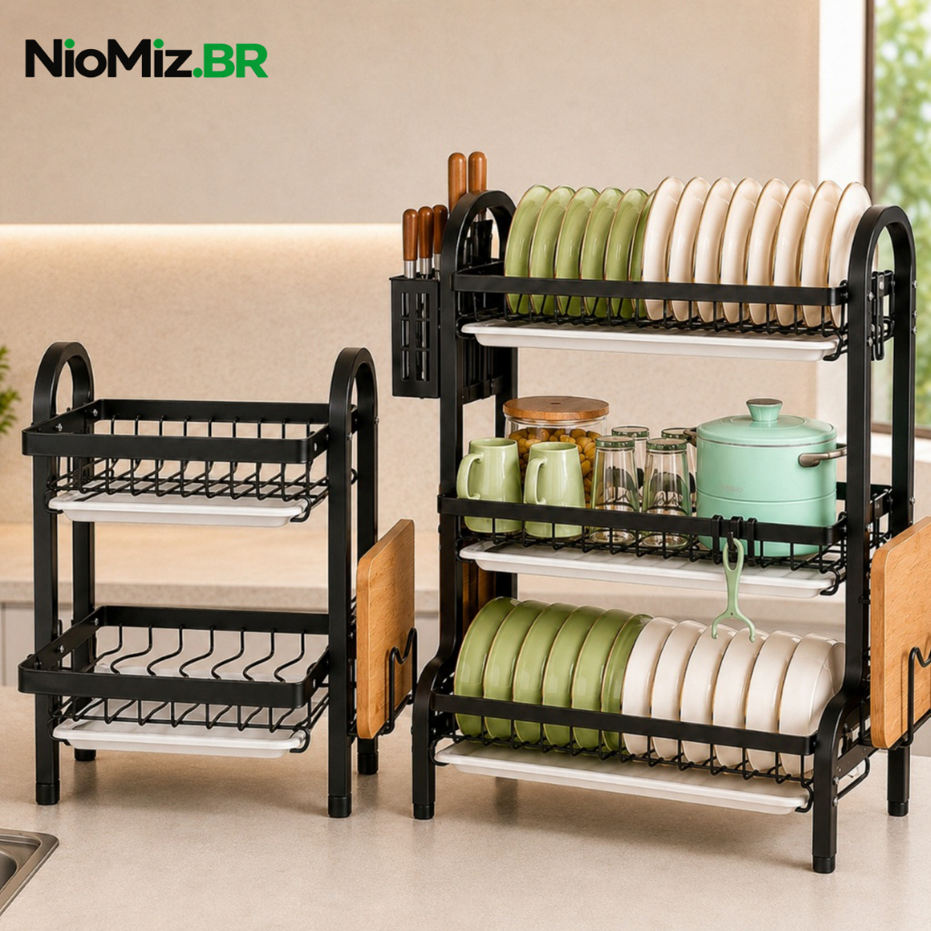 Escorredor de Louças 2/3 Andares Aço Carbono 42/55cm com Bandeja Porta-Talheres e Porta-Tábuas