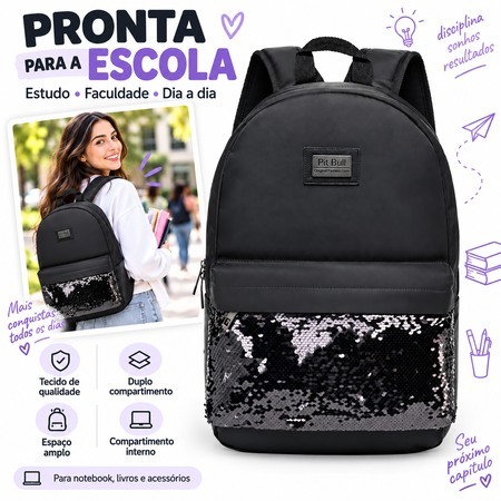 Mochila PitBull Preta Reforçada Unissex Trabalho Escolar Feminina Resistente