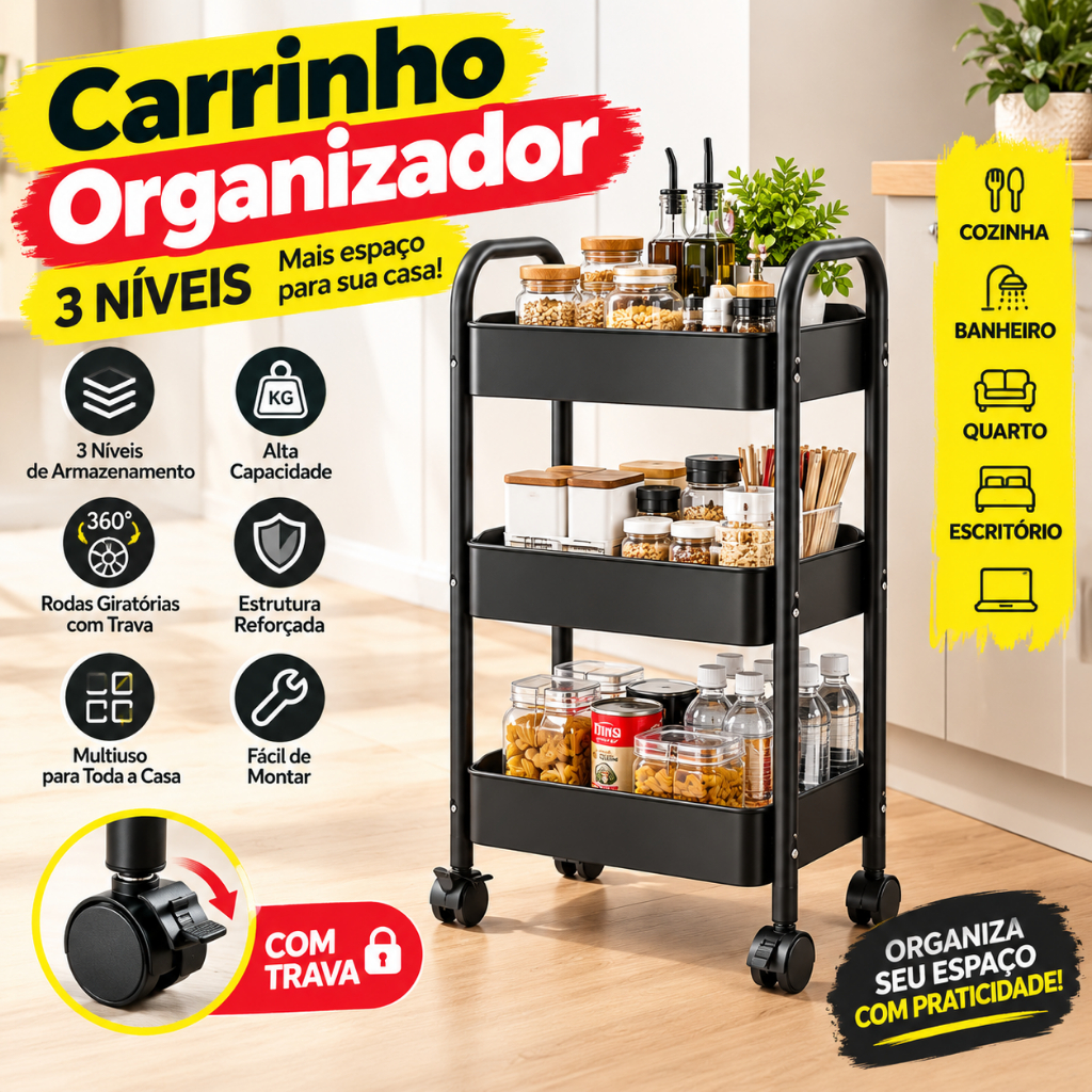 Carrinho Arrumação Metálico 3 Níveis Prateleira com Rodízio Armazenamento para Beleza e Decoração