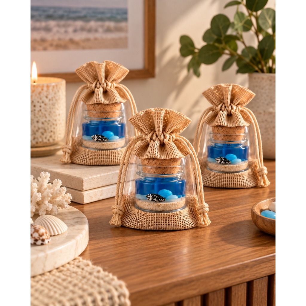 15 Mini Velas " Oceano " 40ml c/ Saquinho Exclusivo de Juta p/ Lembrancinhas Decoração Aniversário Brindes