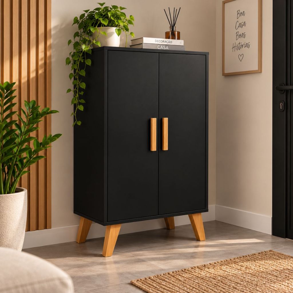 QUEIMA DE ESTOQUE - Armário Preto Multiuso 2 Portas com Prateleiras para Quarto Lavanderia Organizador Sapateira Moderno