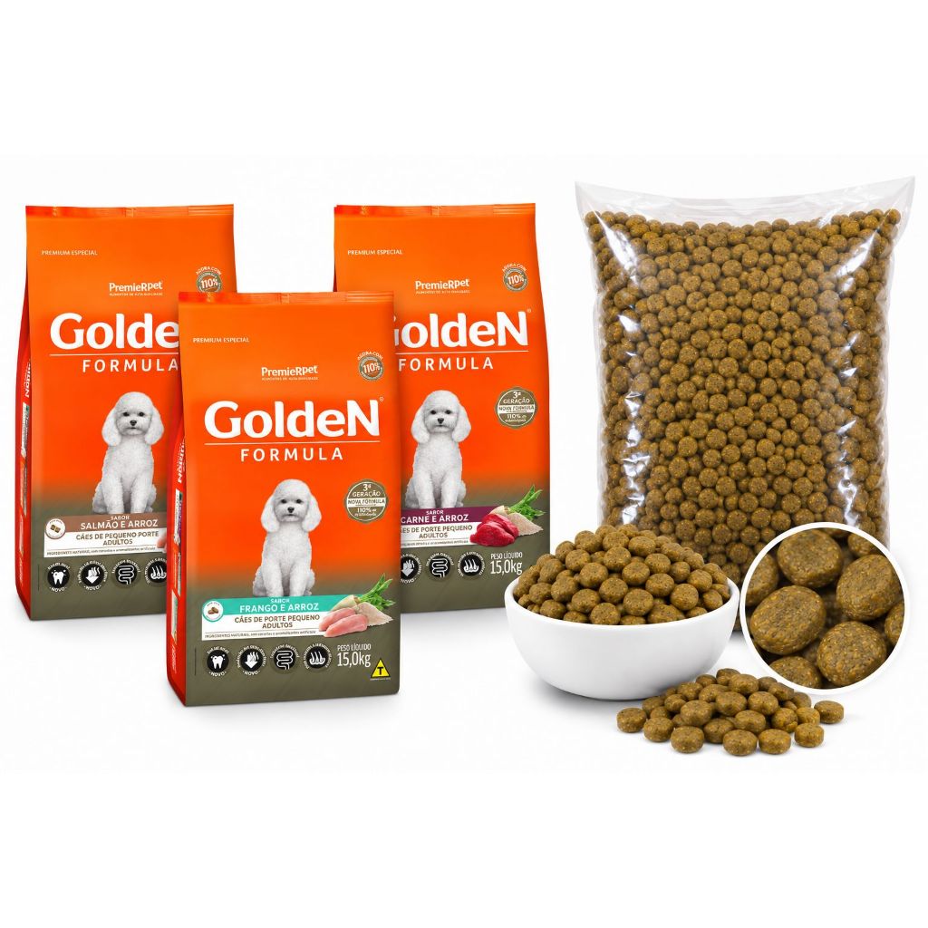 A Granel 1kg Ração Golden Fórmula Mini Bits para Cães Adultos Carne Frango Salmão Premier Pet 1kg
