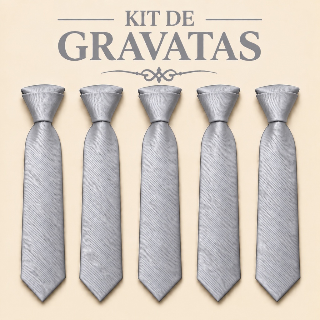 Kit Gravatas Cinza Claro Slim 100% Poliester, padrinhos, casamentos e formaturas