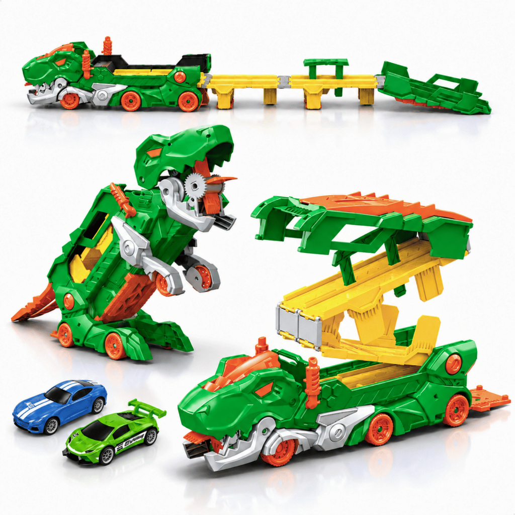 Caminhão Dinossauro 3 em 1 Engole Carros Pista Dupla Lançador Dino Truck 2 Carrinhos