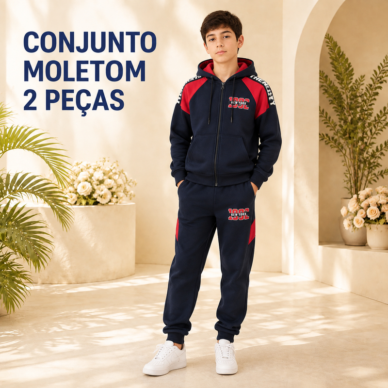 Conjunto de Moletom Masculino Juvenil Flanelado Com Capuz e Calça Tendência Inverno Confortável 12 ao 16