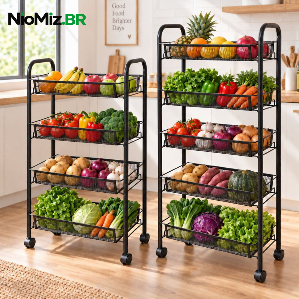 Carrinho Organizador 3/4/5 Andares Com Rodinhas Multiuso em Aço Preto Branco para Frutas e Legumes