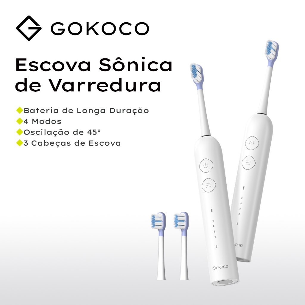 GOKOCO Escova de dentes elétrica sônica Movimento de varredura 45°evibrações alta frequência Quatro modos e três níveis