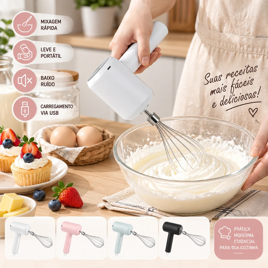 Batedor Elétrico Portátil Mixer de Mão Fouet para Chantilly Ovos Creme Massas Cozinha