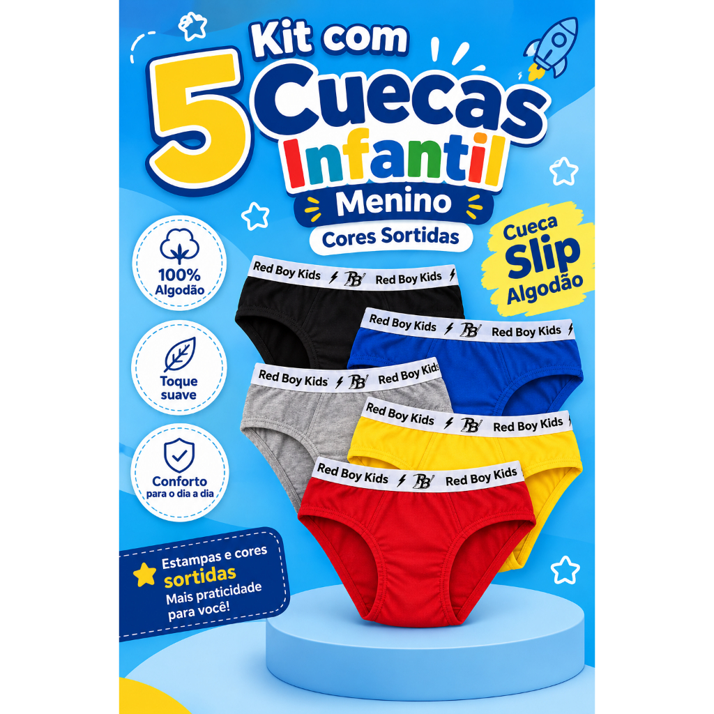 Kit 5 Cuecas Infantil Menino Slip 100% Algodão RedBoy Kids Cores Sortidas