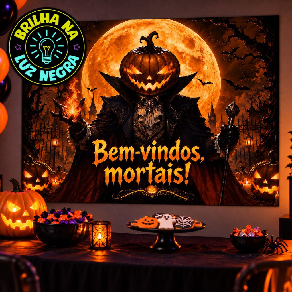 Painel Halloween Espantalho Decoração Terror Brilha C/ Luz Negra Retangular Horizontal Fundo Foto 3d Sublimado