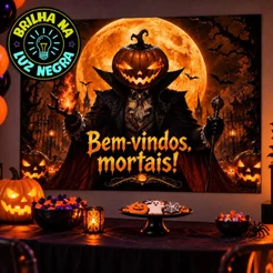 Painel Halloween Espantalho Decoração Terror Brilha C/ Luz Negra Retangular Horizontal Fundo Foto 3d Sublimado