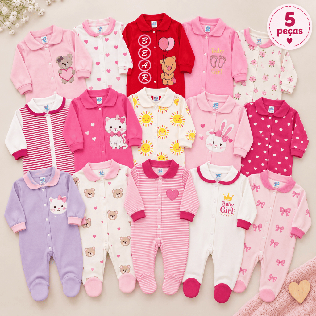 Kit 5 Macacão Bebê Menina Estampado Algodão Vira Pé Reversível Inverno Confortável Enxoval Macio