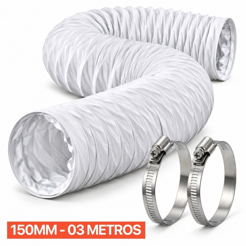 Duto Ar Portátil 150mm 3 Metros 06 Pol Flexivel PVC Branco + 2 Abraçadeiras Ar Condicionado Exaustor