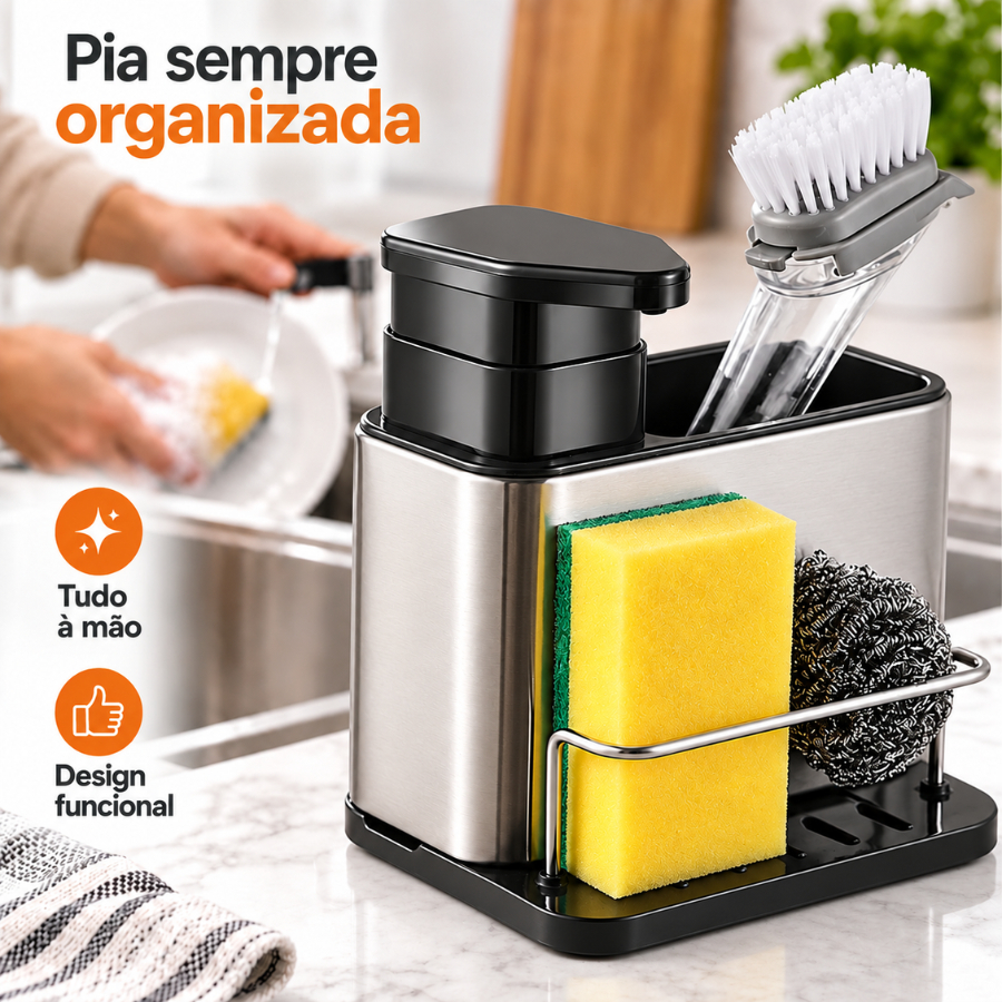 Organizador de Pia Aço Inox com Dispenser de Detergente Porta Esponja Escova