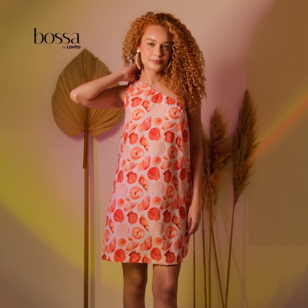 Lovito Bossa Vestido Curto Feminino Estampa Conchas Um Ombro Só DRB15421572
