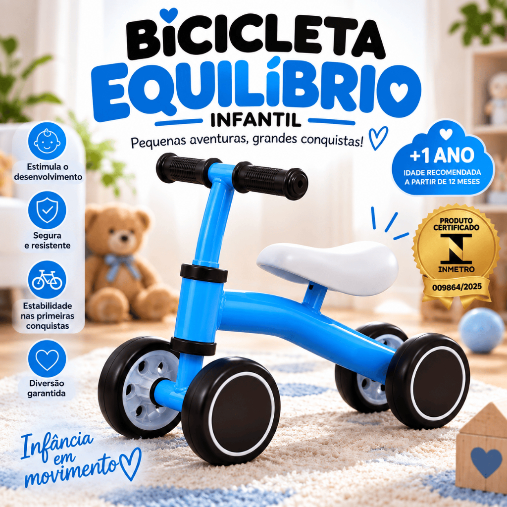 Bicicleta Infantil Azul Balance Bike Leve Segura Desenvolvimento Equilibrio Crianças