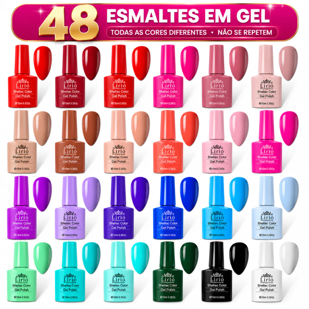 Kit 48 Esmaltes em Gel LED UV Coleção completa Lirio para Unhas Manicure Zero HEMA TPO DMPT