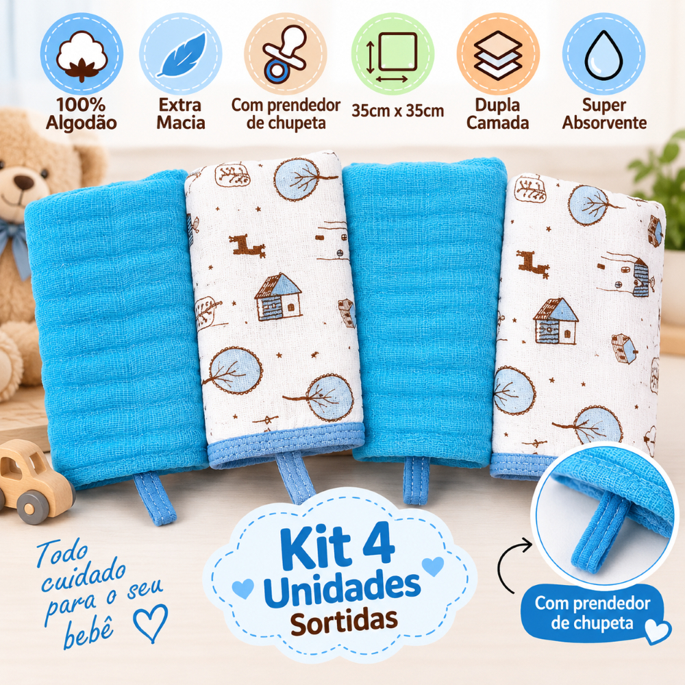 Kit 4 Toalha Paninho Pano Boca Bebe Soft 100% Algodão Sortido Menino Menina Com Prendedor de chupeta