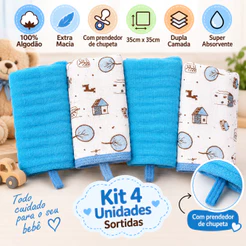 Kit 4 Toalha Paninho Pano Boca Bebe Soft 100% Algodão Sortido Menino Menina Com Prendedor de chupeta