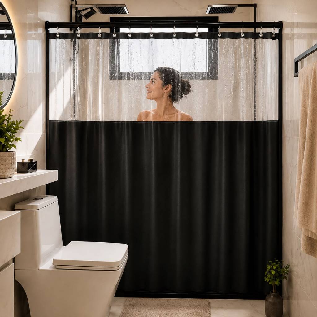Cortina Box Banheiro PVC Impermeável Anti Mofo Com Visor Transparente 1,38x1,98m Com Ganchos ilhós alta qualidade
