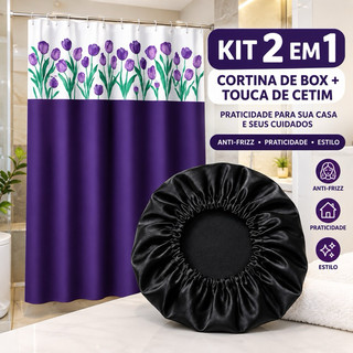 Kit Cortina Banheiro Box Impermeável 1,35x2m Sortida + Touca Térmica Metalizada