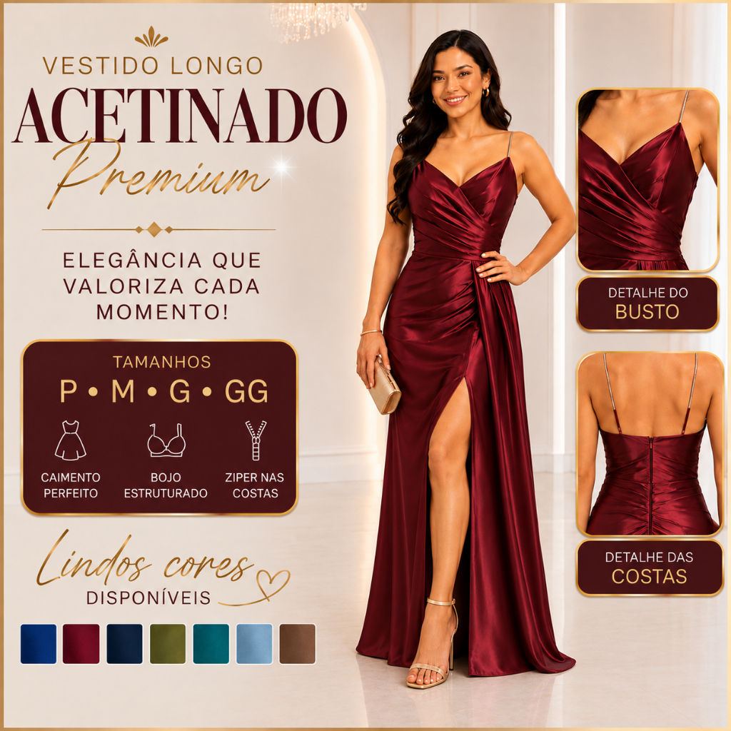 Vestido Feminino Longo  de festa  Brilhante Premium com Fenda na saia, com Bojo, Ziper na Costas Elegante e Sofisticado.