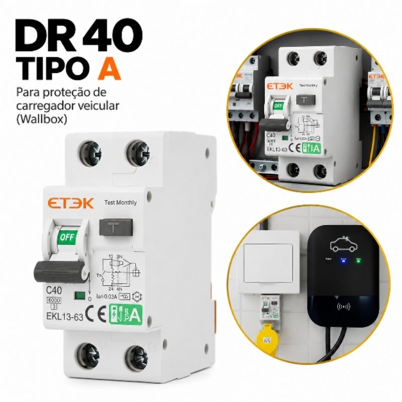 DR Tipo A 40A Classe A Para Wallbox Carro Elétrico IDR Diferencial